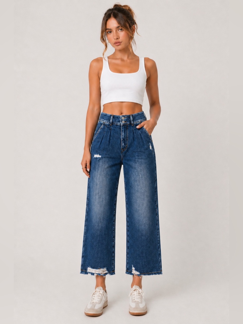 Flying Monkey High Waist Distressed Crop Jeans Size 26 | Pleated Wide Leg